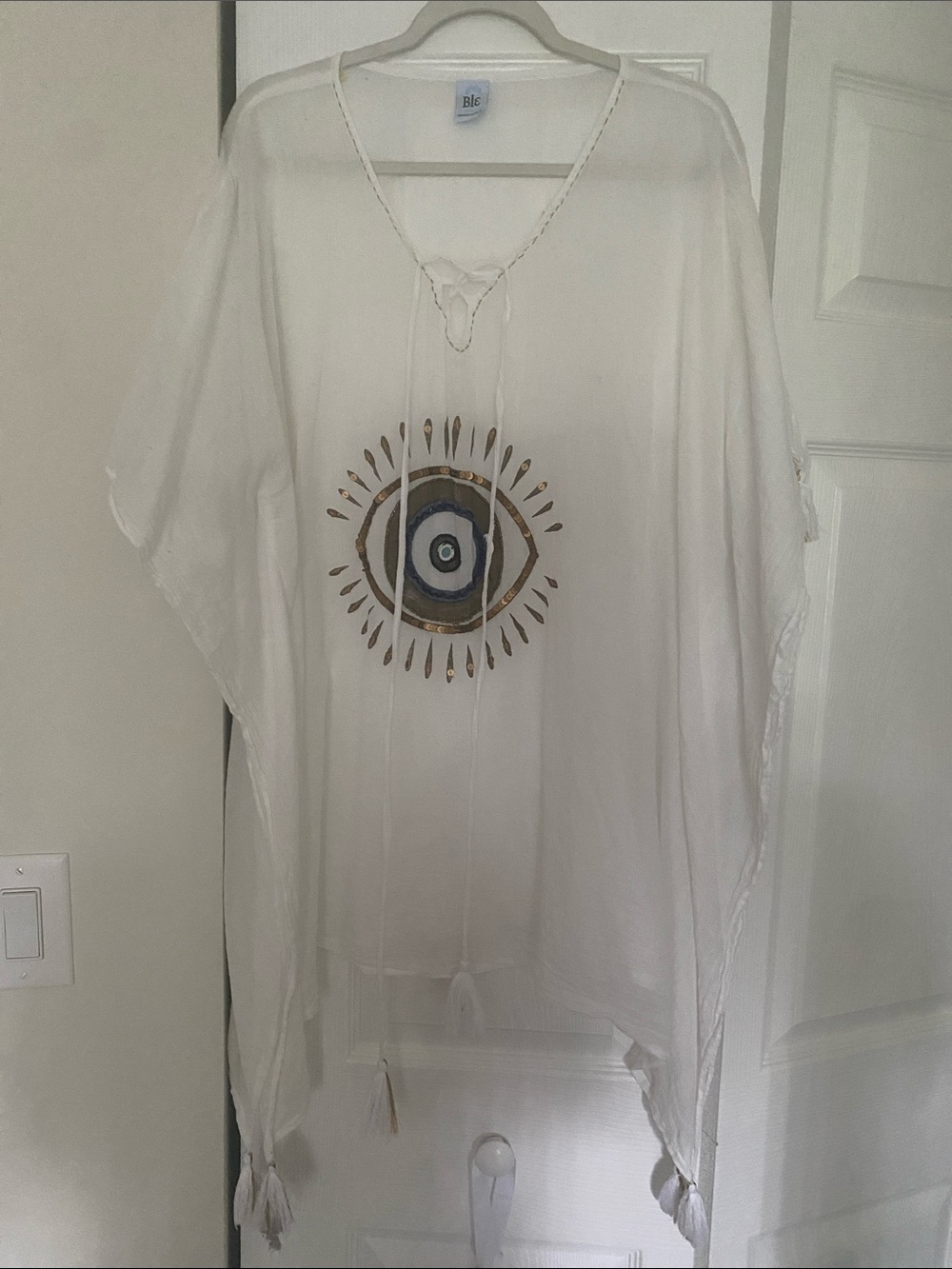 White Boho Evil Eye-Print Poncho Top